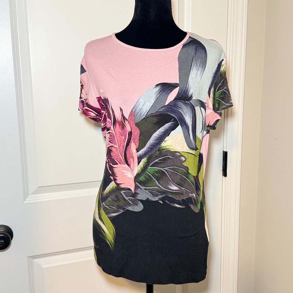 Ted Baker Tropical Floral Print Short Sleeve Tee Pink Black Size 3 Casual